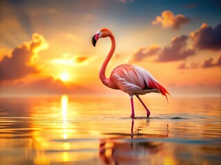 Fototapeta premium Vibrant Tilt-Shift Photography of a Pink Flamingo at Sunset Over Tranquil Waters