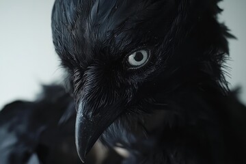 Fototapeta premium Captivating Close-up of a Dark Feathered Bird with Striking Grey Eye, Perfect for Nature and Wildlife Photography Enthusiasts and Creators Seeking Unique Avian Visuals