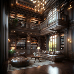 A grand, cozy library with towering bookshelves, intricate woodwork, and warm ambient lighting, rich colors, high detail, photorealistic, no people, sharp focus