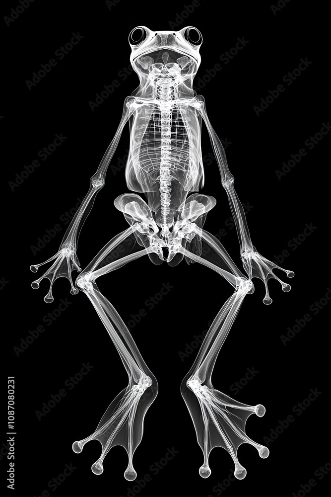 Poster x-ray illustration of a frog skeleton detailed in a unique perspective displaying bone structure and