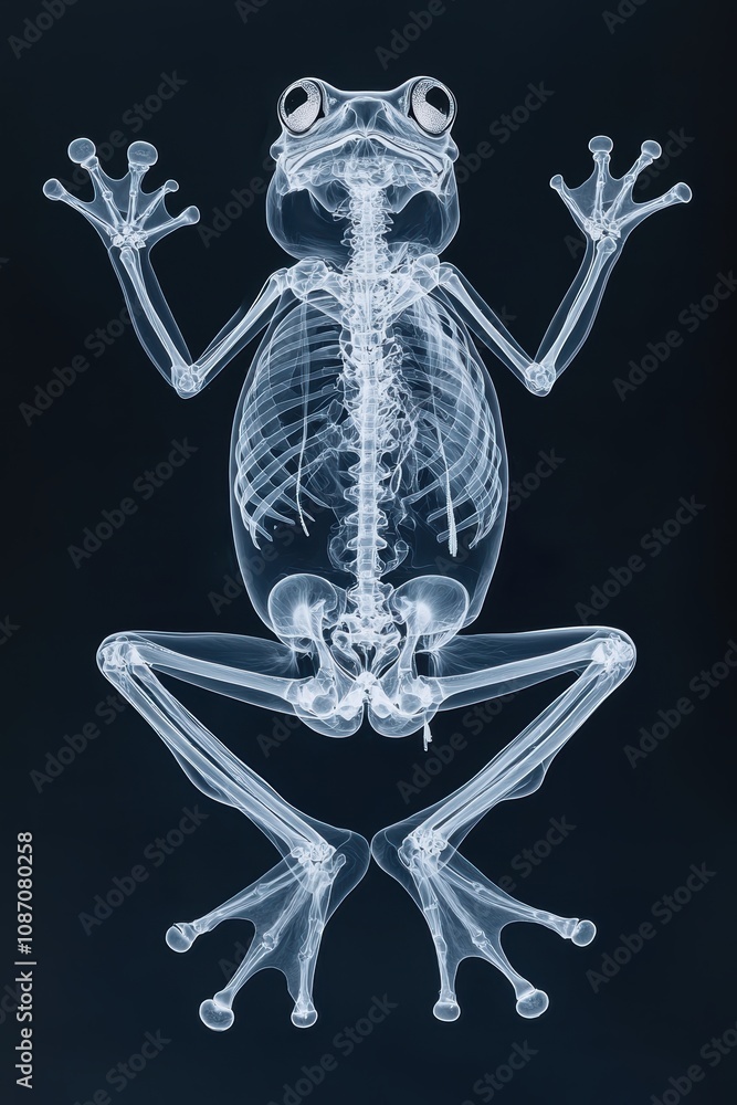 Poster detailed x-ray image of a frog showcasing its intricate skeletal structure, capturing the unique ana