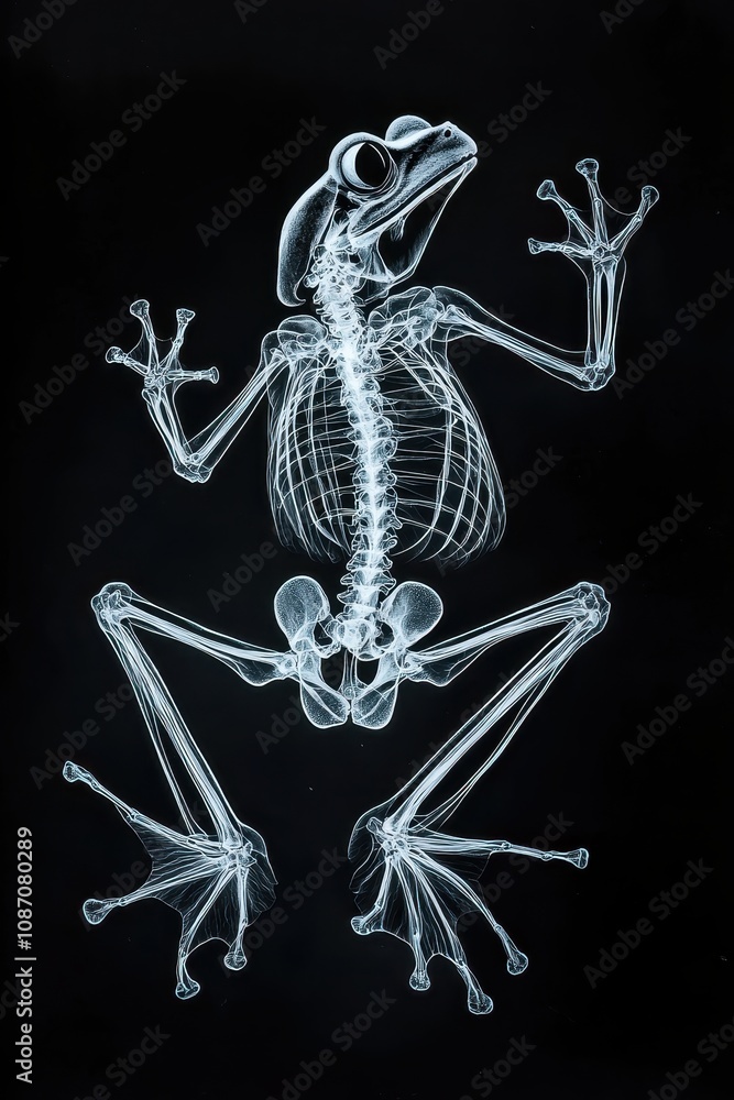 Poster x-ray image of a frog skeleton showcasing intricate bone structure and unique anatomy against a blac