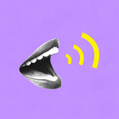 Contemporary art collage. Black and white wide-open mouth on purple background with yellow sound...