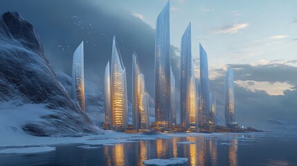 Obraz premium Skyscrapers in an Arctic city, glowing in the twilight against a snowy backdrop