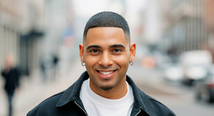 Fototapeta premium A smiling man wearing a small hoop earring for lifestyle and having short hair