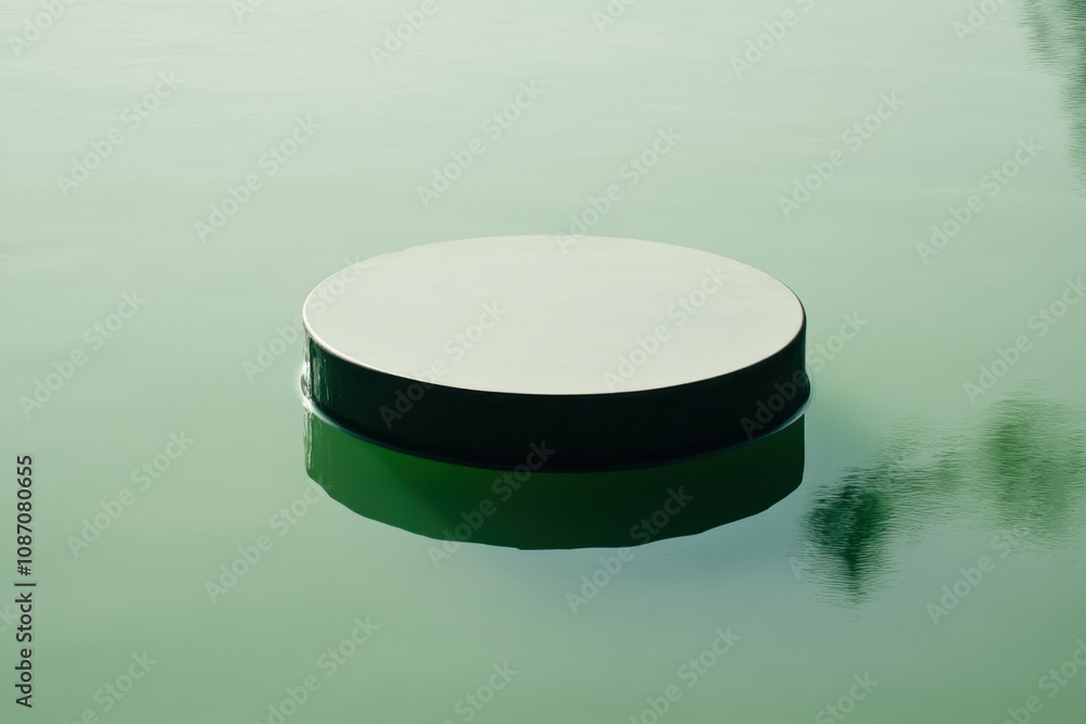 Poster floating circular object on calm water surface