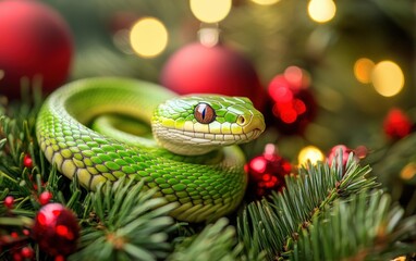 Fototapeta premium green snake cozy christmas background