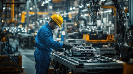 Fototapeta premium Factory Worker Inspecting Car Chassis During Assembly