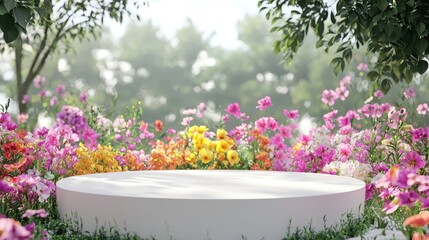 Fototapeta premium Serene Floral Garden with Vibrant Blooms Surrounding a Circular Platform in a Soft Focus Natural Setting Ideal for Creative Displays and Visual Presentations