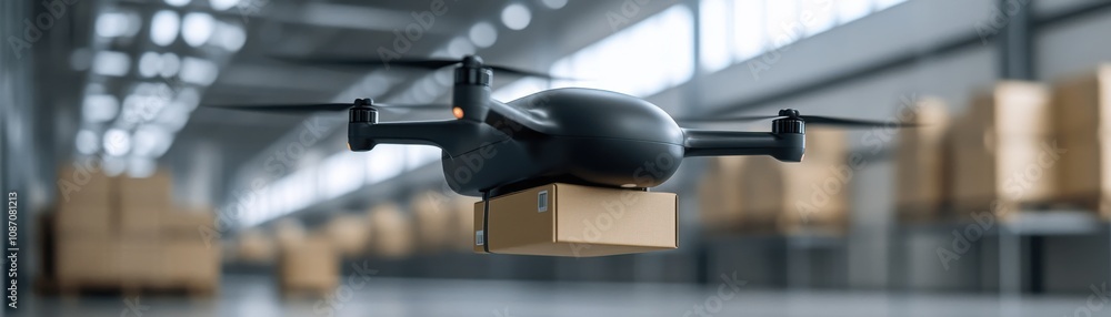 Poster drone delivering package in a modern warehouse setting with stacked boxes.