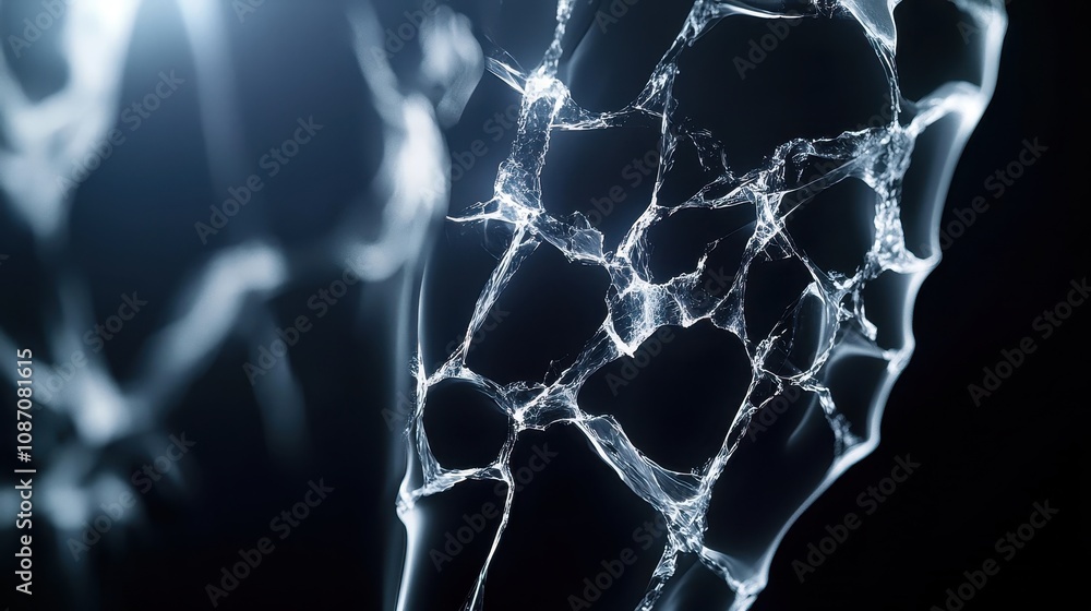 Poster abstract close-up of delicate and intricate network of cracked and shattered transparent material on