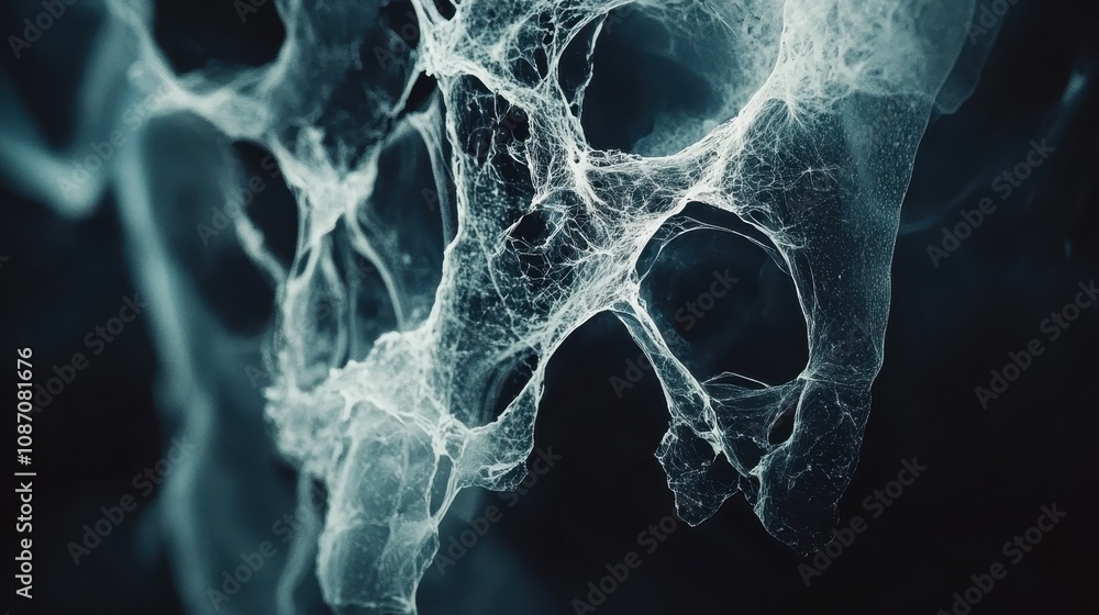 Poster abstract representation of a skull formed by ethereal smoke or light patterns, creating a mysterious