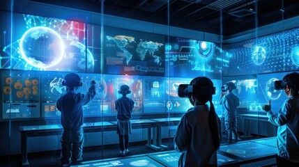 A group of children wearing VR headsets interact with holographic displays in a futuristic lab.