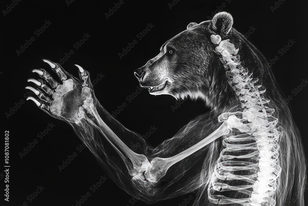 Poster unique x-ray image of a bear showcasing its skeletal structure and anatomy, highlighting the intrica