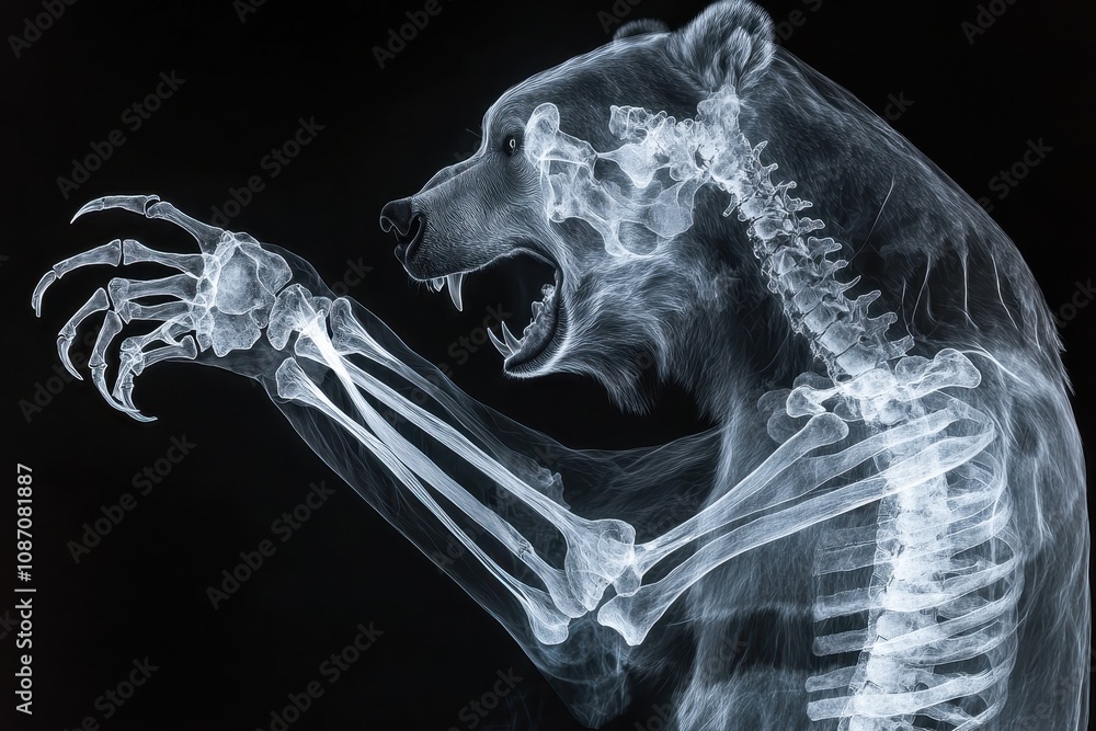 Poster x-ray image of a bear showing detailed skeletal structure with emphasis on bones and joints, ideal f