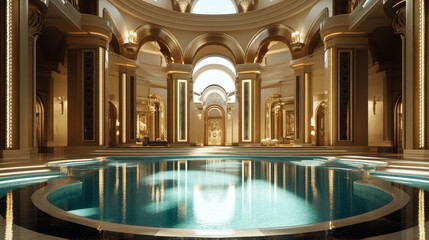 Grand luxury architecture, a monumental structure with innovative design elements, reflective pools, and artistic lighting, embodying prestige and modern sophistication