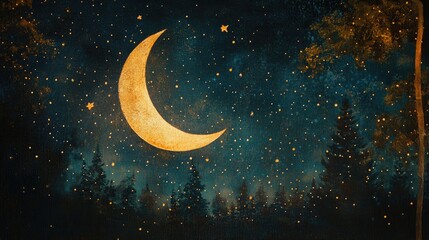 Naklejka premium Starry night sky with a bright crescent moon glowing