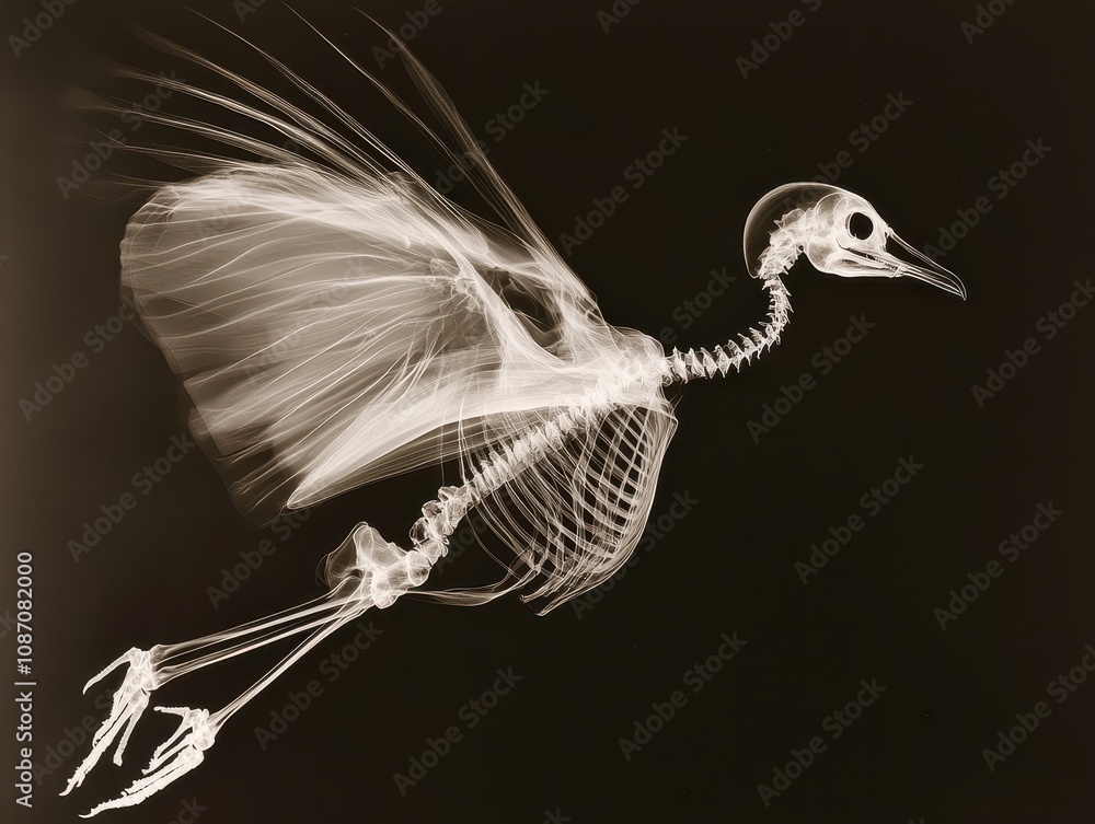 Poster x-ray image of bird skeleton in flight capturing intricate bone structure and wing extension for edu