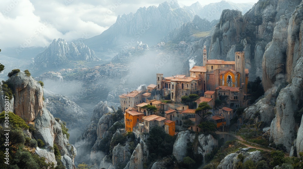 Poster mountain range architecture, towering rock faces adorned with structures seamlessly integrating into