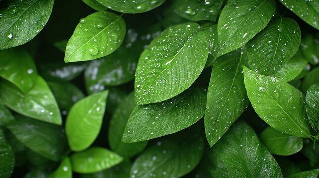 Lush green leaves with water droplets, showcasing nature's beauty. - Powered by Adobe