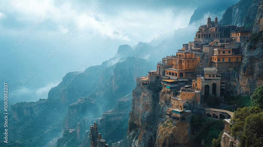 Poster mountain range architecture, towering structures seamlessly integrated with rugged cliffs, showcasin