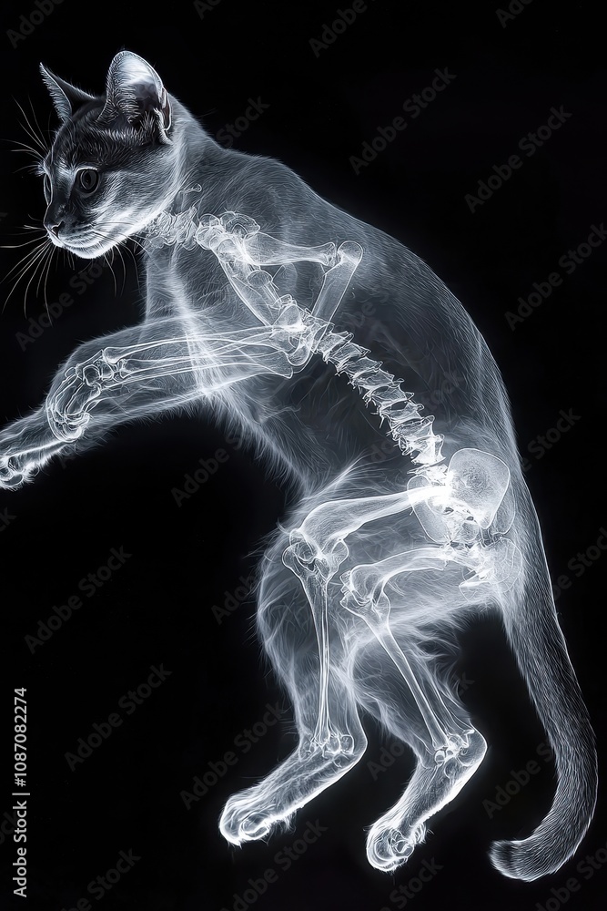 Aufkleber detailed x-ray image of a cat showcasing its skeletal structure in a dynamic pose, highlighting the 