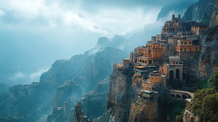 Naklejka premium Mountain Range Architecture, towering structures seamlessly integrated with rugged cliffs, showcasing the harmony between nature and human ingenuity.
