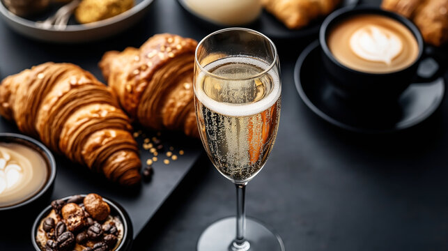 Gourmet breakfast setting with croissants, cup of coffee with latte art, champagne flute, and coffee beans on a dark background.