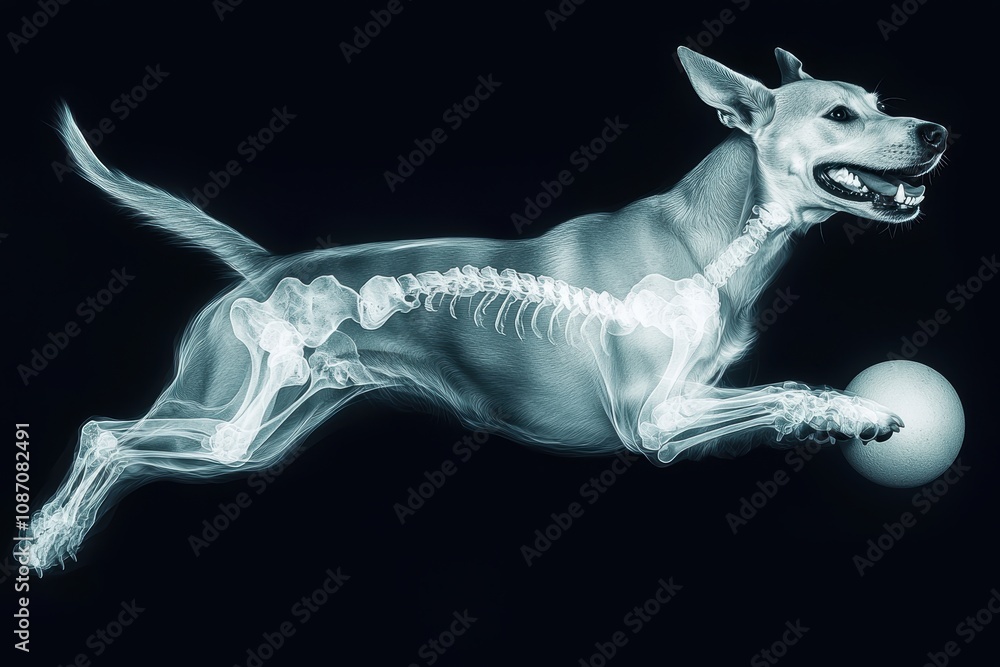 Poster x-ray image of a playful dog in mid-jump with ball, showcasing skeletal structure highlighting motio