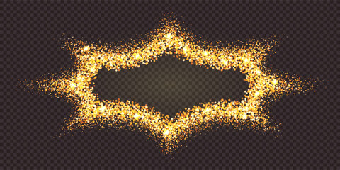 Gold dust abstract radiant star shape frame. Splattered golden glitter as a border for award bg. Glitz starry sand sprayed with empty space inside. Vector illustration with overlay effect