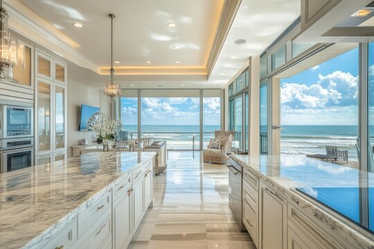Modern Kitchen with Ocean View in Bright Interior