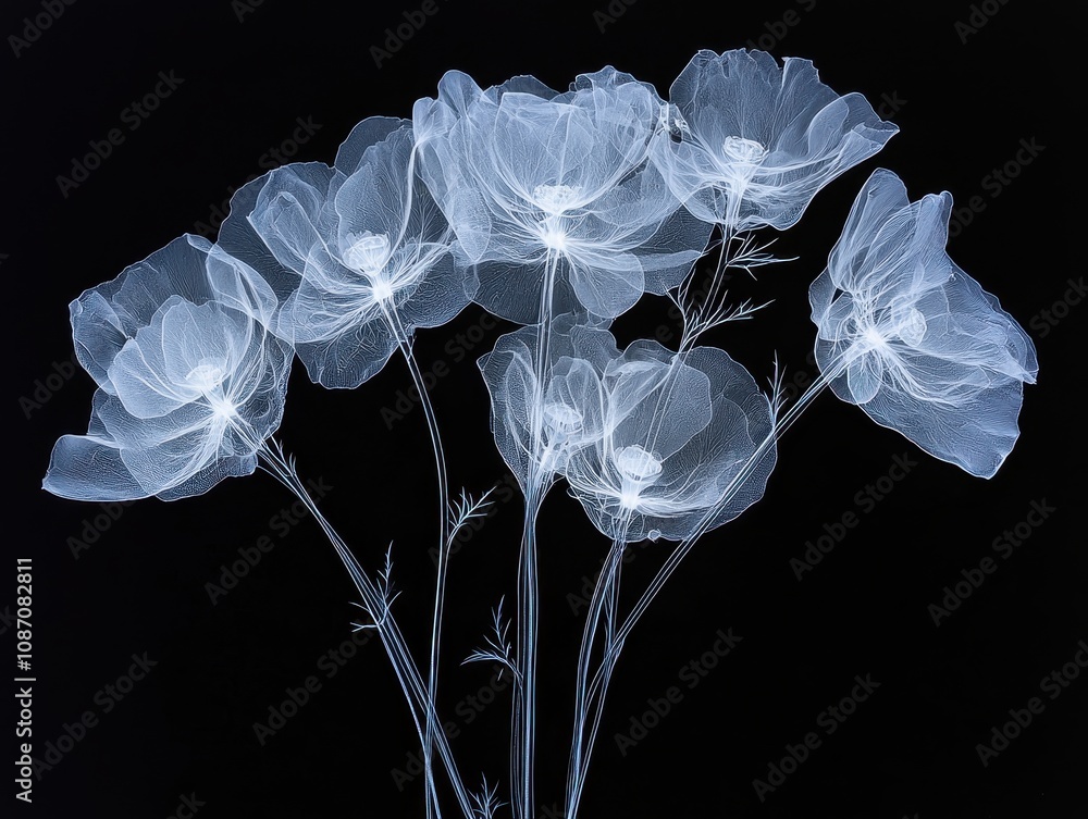 Poster delicate and ethereal x-ray image of flowers displaying intricate petal structures against a black b