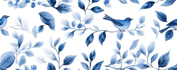 Fototapeta premium Elegant blue and white porcelain design featuring intricate vines and delicate birds in a harmonious composition.