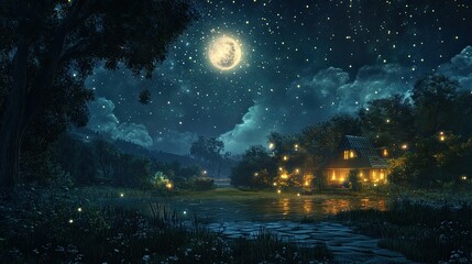Starry sky with the moon casting light over a peaceful landscape
