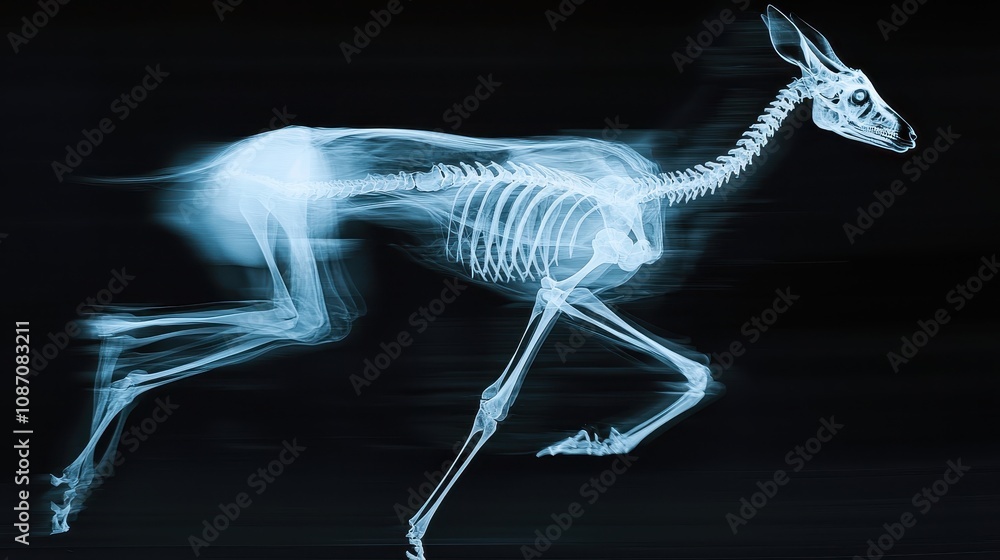 Poster x-ray of a running animal skeleton showing dynamic motion and anatomical structure in a dark backgro