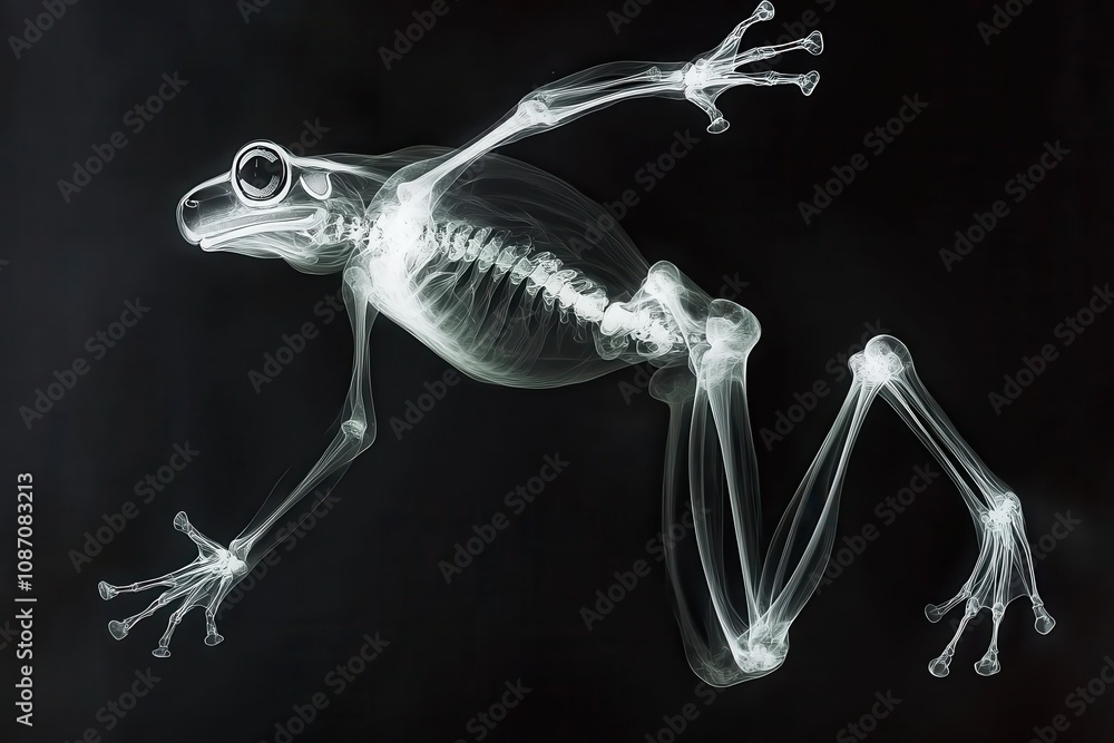 Poster intricate x-ray image of a frog displaying detailed skeletal structure against a black background fo