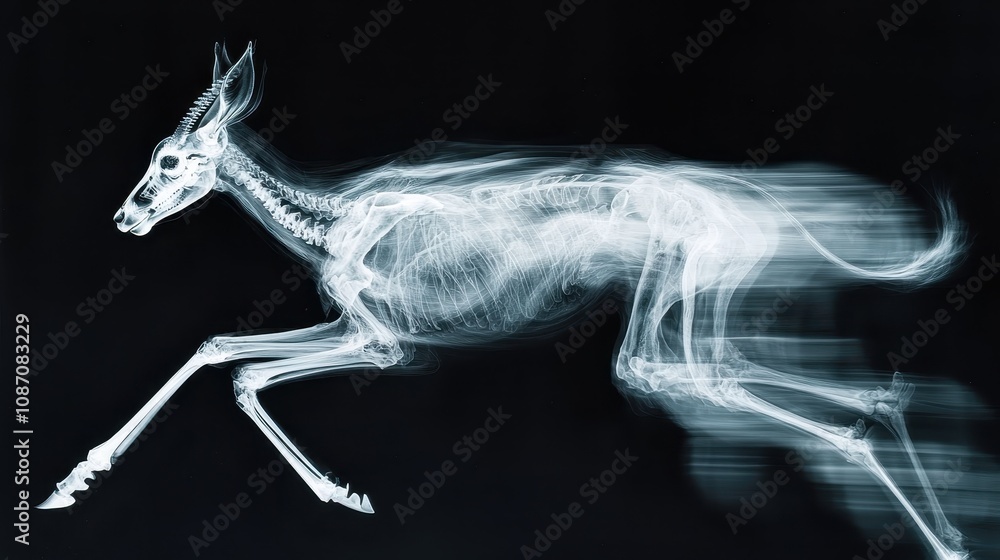 Poster x-ray image of a running horse skeleton in motion capturing the intricate bone structure of a gallop