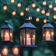 Hanging lanterns with candles, illuminated at night.