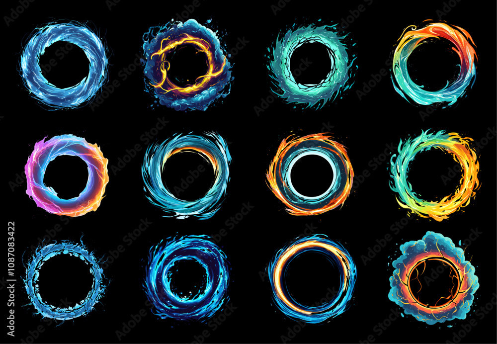 Poster energy circle frame set. festive sparkling ring. sparkle curved illuminated twirl circulation. magic