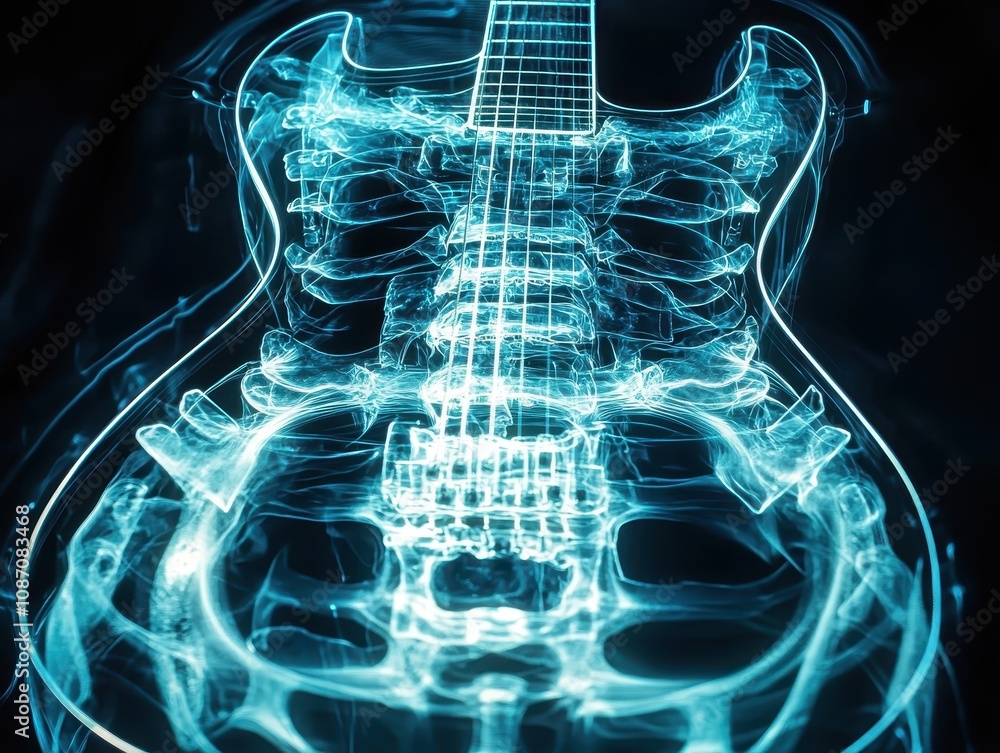 Poster ethereal electric guitar in a glowing x-ray style with vibrant blue light trails illuminating its in