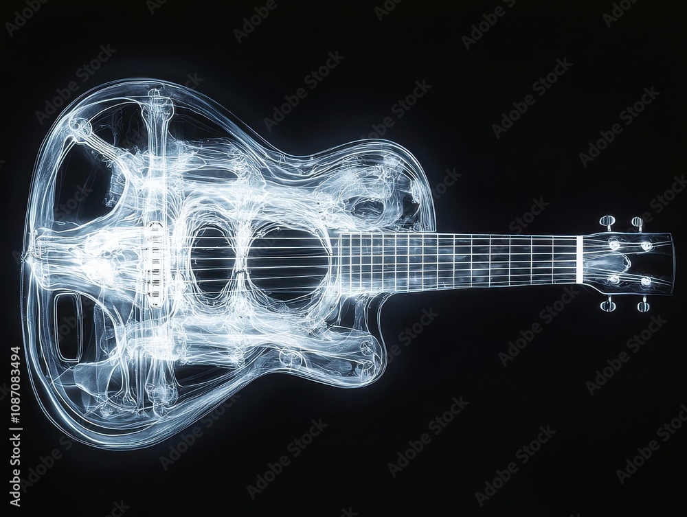 Poster x-ray image of acoustic guitar showing intricate internal structure and design elements captured wit