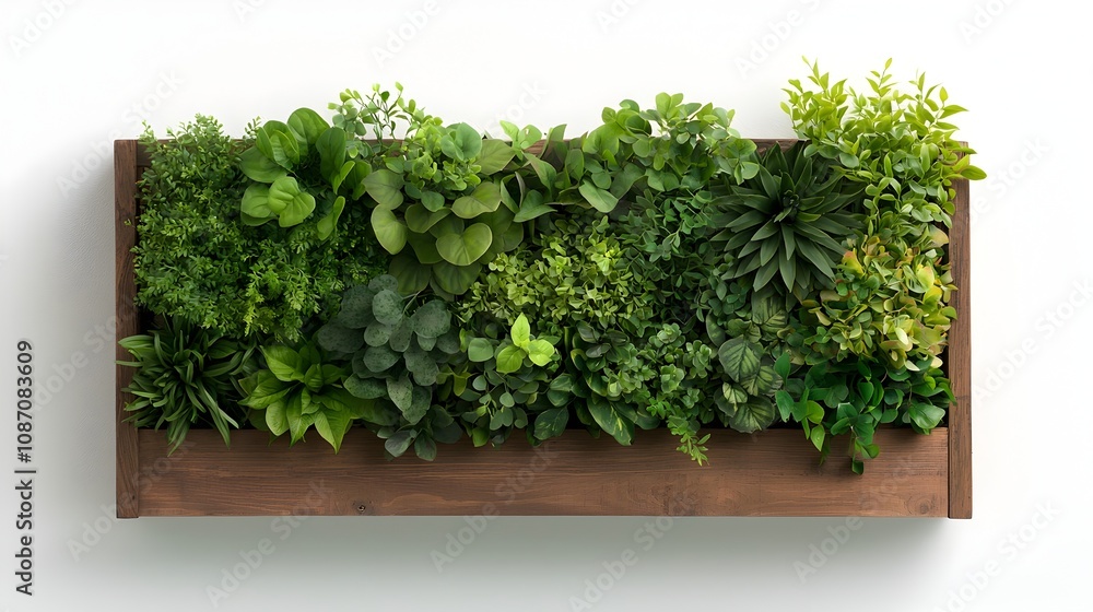 Poster reclaimed wooden planter box featuring a curated collection of thriving greenery trailing vines vari