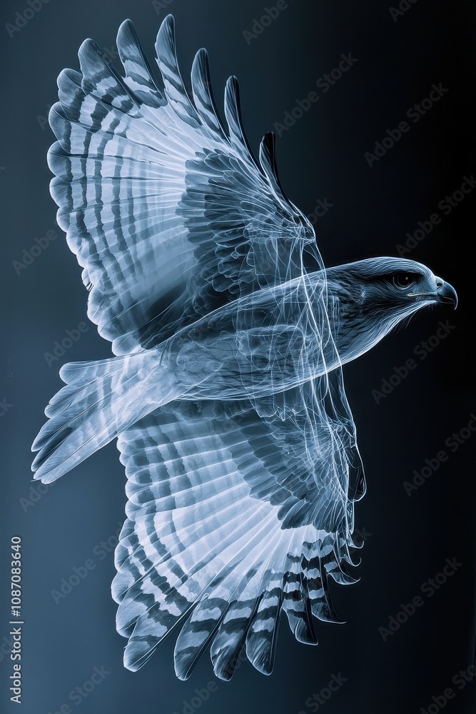 Poster striking x-ray image of a hawk in flight, revealing its intricate bone structure and feather pattern