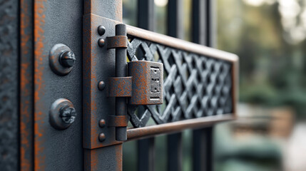 Close-up of a rusted metal hinge attached to a black iron gate with lattice design, showcasing wear and texture details.