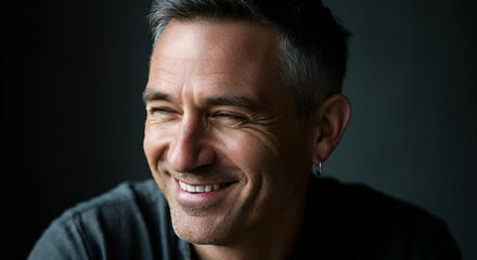 Fototapeta premium A smiling man wearing a small hoop earring for lifestyle and having short hair