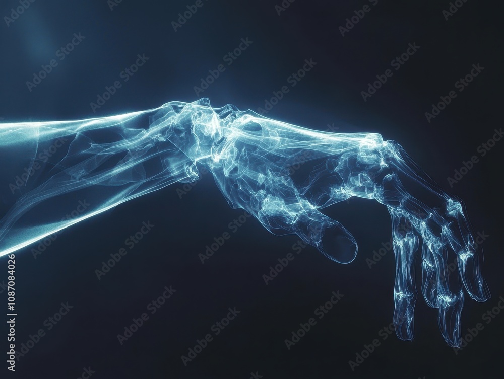 Poster ethereal visualization of a human arm in an abstract style, showcasing intricate details of the bone