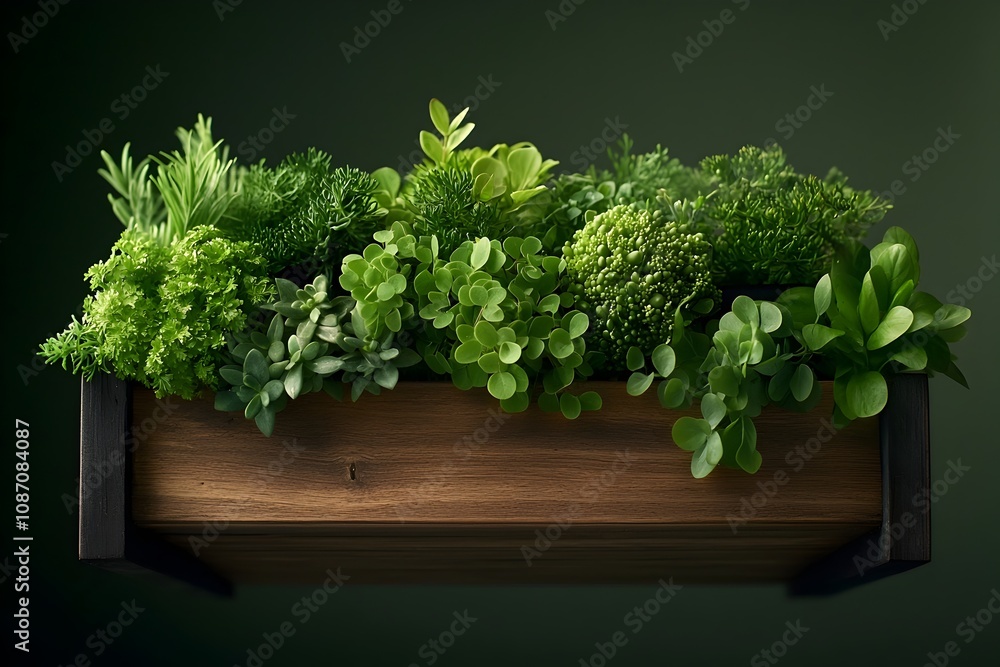 Poster rustic wooden planter box overflowing with a lush array of thriving houseplants and cascading greene