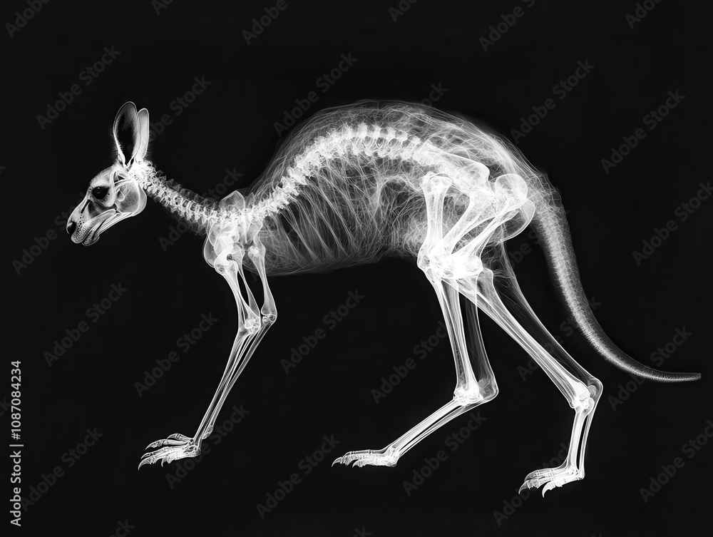 Poster x-ray image of a kangaroo showcasing intricate skeletal structure in profound detail against a black