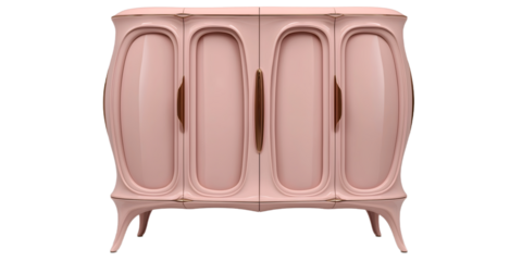 Png furniture pink wooden sideboard cupboard, modern legs and metal door handles isolated on a white background or transparent. 
