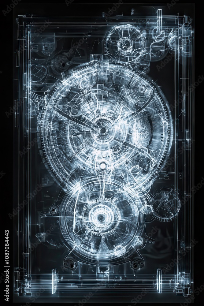 Poster intricate and detailed x-ray visualization of an old mechanical clock gears and mechanics on a dark 
